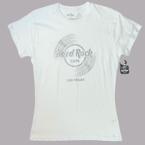 Hard Rock Cafe Las Vegas Tee White with Silver Logo Vinyl Ladies L NWT T-Shirt - Picture 1 of 5